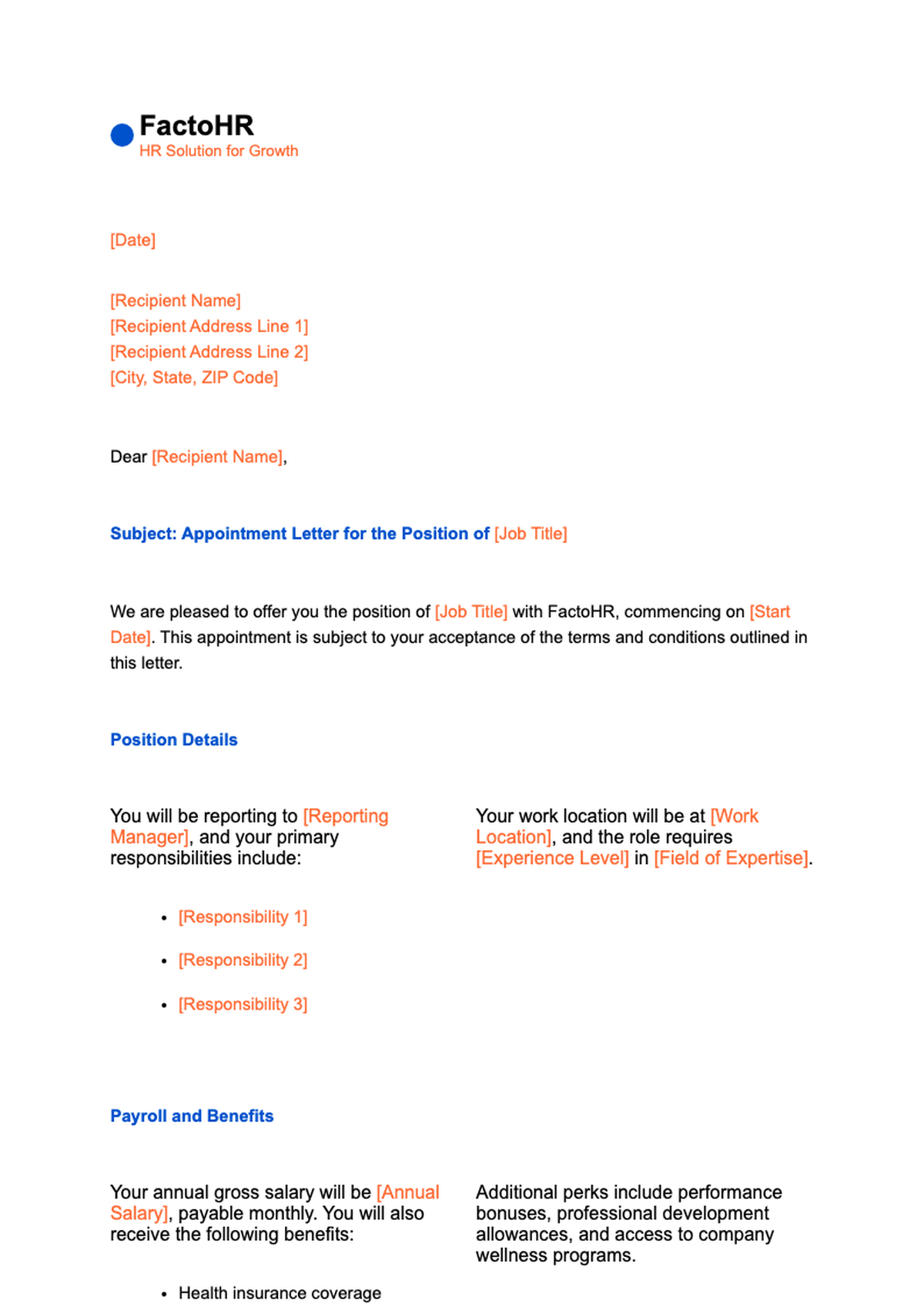 Professional job appointment letter template with placeholder fields_variant_1